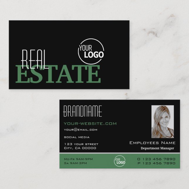 Modern Black Green White Simple Logo and Photo Business Card (Front/Back)