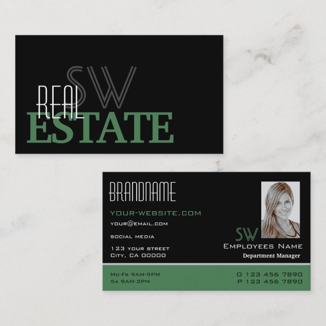 Modern Black Green White with Monogram and Photo Business Card (Front/Back)