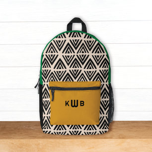 Modern Black Green Yellow Geometric Monogram Printed Backpack