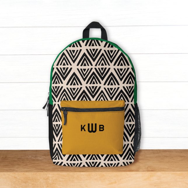 Modern Black Green Yellow Geometric Monogram Printed Backpack (Creator Uploaded)