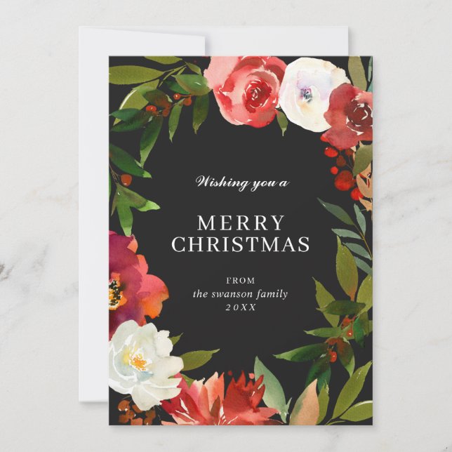 Modern Black Greenery Wreath Elegant Christmas Holiday Card (Front)
