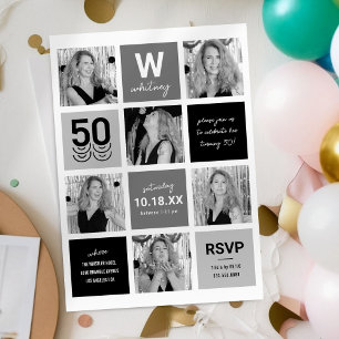 Modern Black Grey 50th Photo Invitation