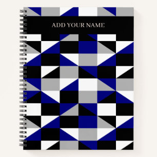 Modern Black Grey Blue Geometric Pattern With Name Notebook