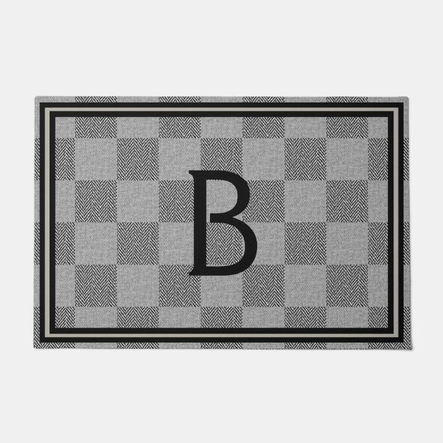 Modern Black Grey Buffalo Plaid Monogram Doormat (Front)
