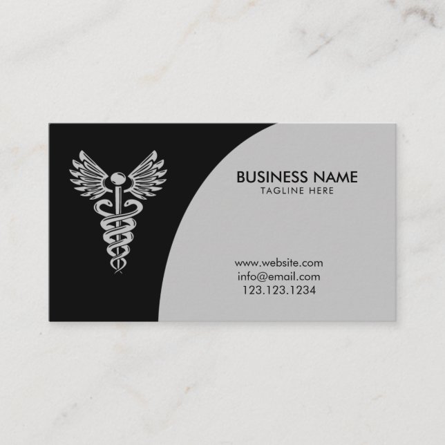 Modern Black & Grey Caduceus Pharmaceutical Business Card (Front)