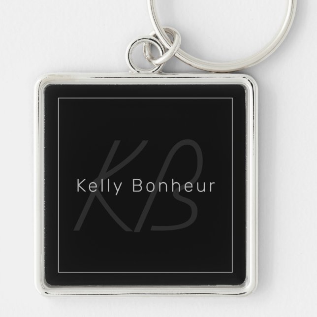 Modern Black & Grey | Cool Name & Monogram Key Ring (Front)