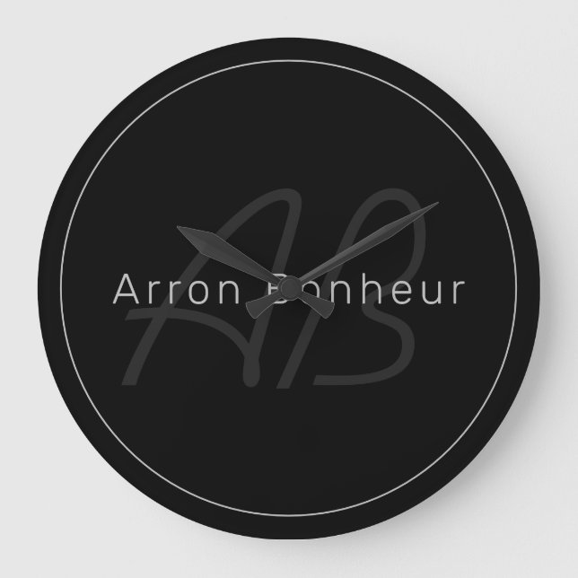Modern Black & Grey | Cool Name & Monogram Large Clock (Front)