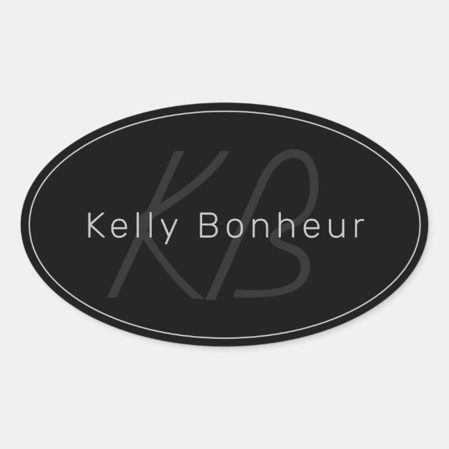 Modern Black & Grey | Cool Name & Monogram Oval Sticker (Front)