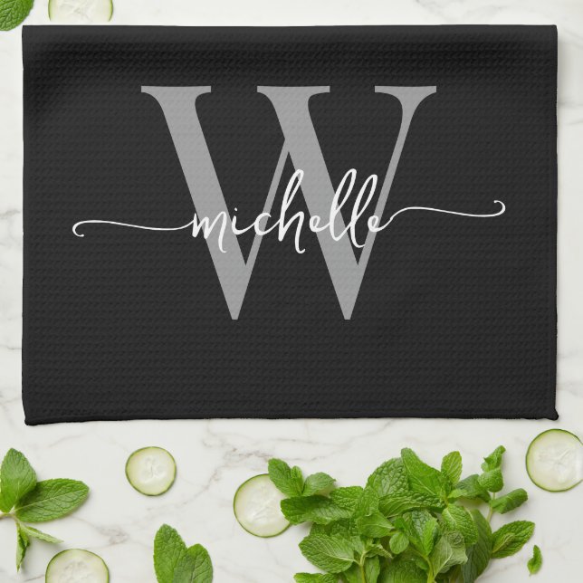 Modern Black Grey Custom Monogram Name Script Tea Towel (Folded)