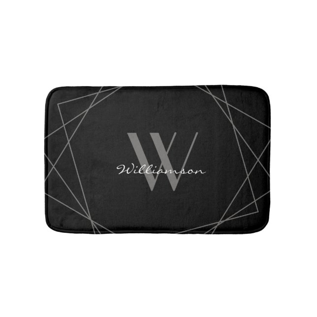 Modern Black Grey Elegant White Monogram Script Bath Mat (Front)