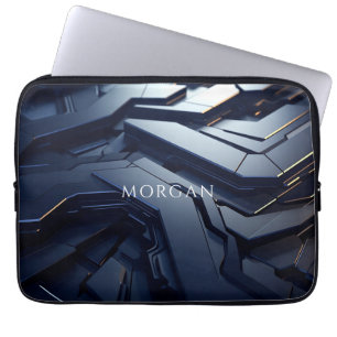 Modern Black & Grey Geometric Design, White Name Laptop Sleeve