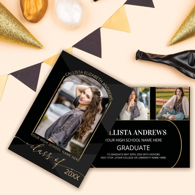 Modern Black Grey Geometric Photo Graduation Announcement (Creator Uploaded)