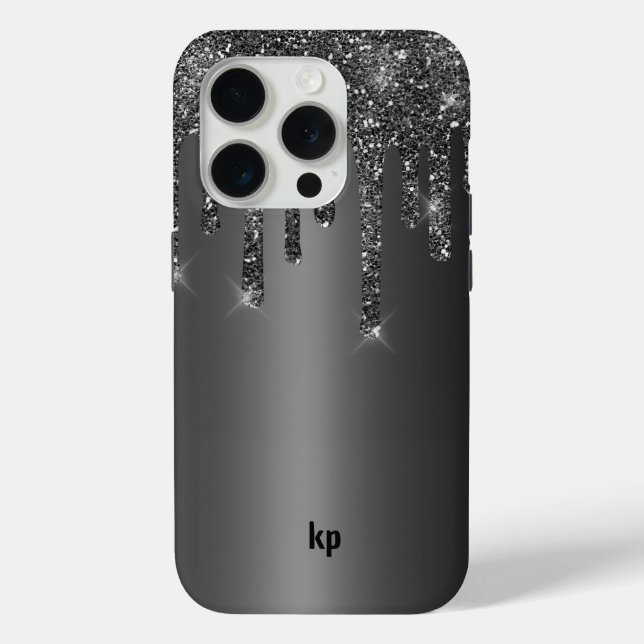 Modern black grey glitter drips on metallic black Case-Mate iPhone case (Back)