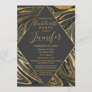 Modern Black Grey Gold Marble Swirl Bachelorette Invitation