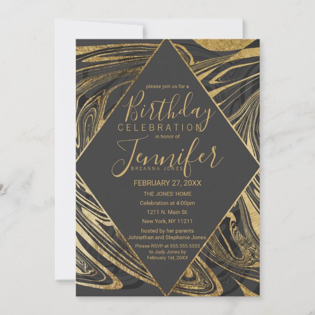 Modern Black Grey Gold Marble Swirl Birthday Invitation (Front)