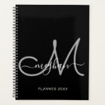 Modern Black Grey Handwritten Script Monogram 2022 Planner<br><div class="desc">Modern, trendy girly black and grey script custom personalised name and monogrammed planner. This simple elegant design features white first name template in cursive hand lettering font with swashes in white and a huge hand-written monogram initial script in grey colour on black background. This feminine, pretty notebook is a perfect...</div>