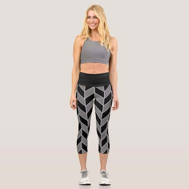 Modern Black Grey Herringbone Chevron Pattern Capri Leggings (Front)