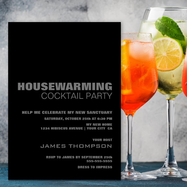 Modern Black Grey Housewarming Cocktail Party Invitation (Creator Uploaded)