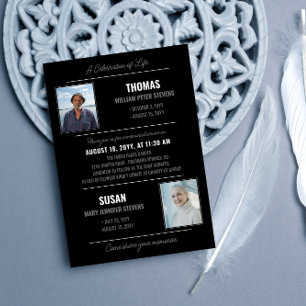 Modern Black Grey Life Celebration Double Memorial Invitation