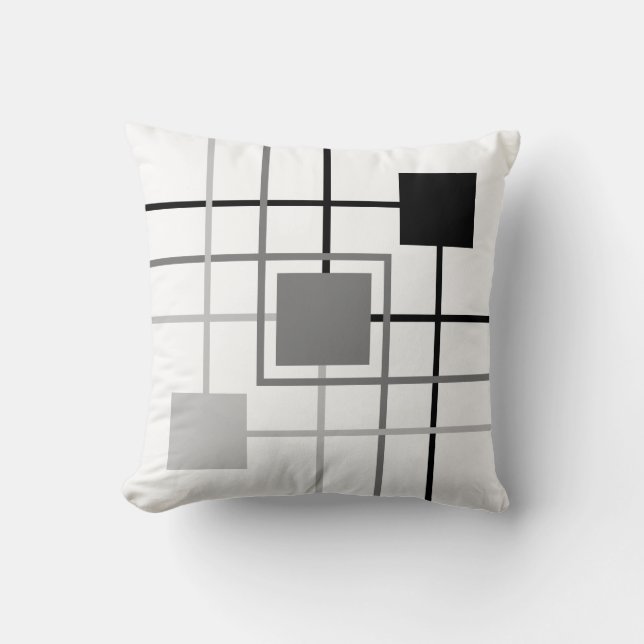 Modern Black Grey Lines & Squares Cushion (Front)
