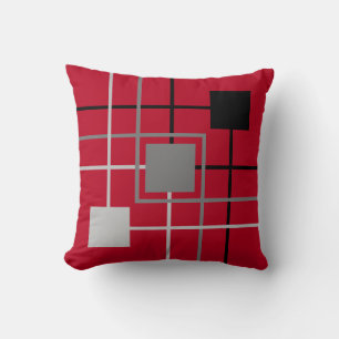 Modern Black Grey Lines & Squares on Burgundy Red Cushion