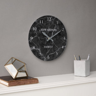 Modern black grey marble pattern family name large clock