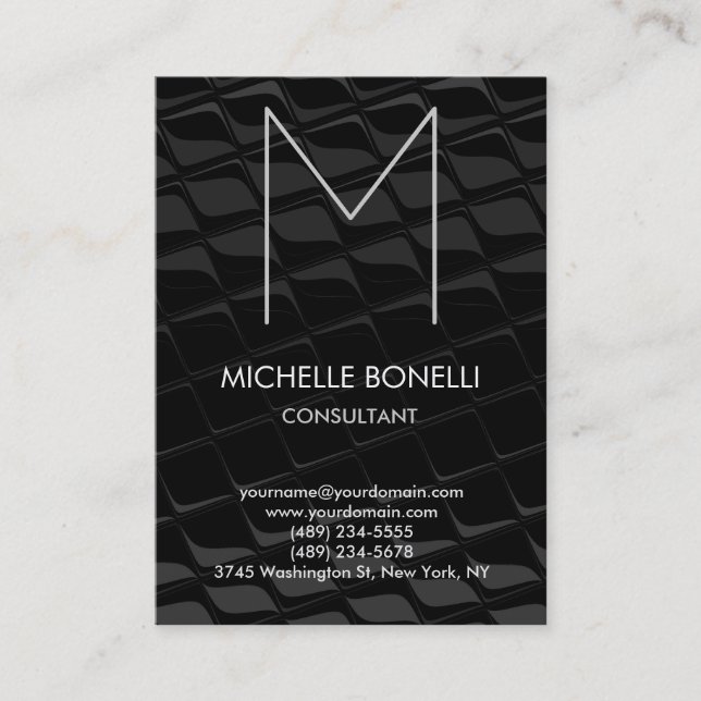 Modern black grey monogram pattern business card (Front)