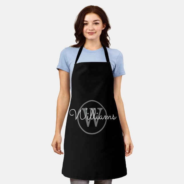 Modern Black Grey Monogram Script Name Apron (Worn)