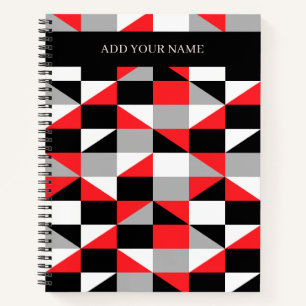 Modern Black Grey Red Geometric Pattern With Name Notebook