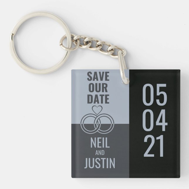 Modern Black & Grey Save The Date Key Ring (Front)