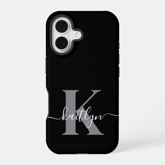 Modern Black Grey Script Monogram iPhone 16 Case (Back)