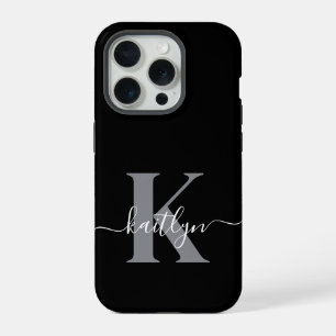 Modern Black Grey Script Monogram iPhone 15 Pro Case