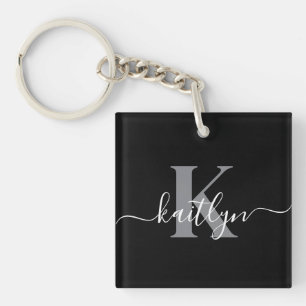 Modern Black Grey Script Monogram Key Ring