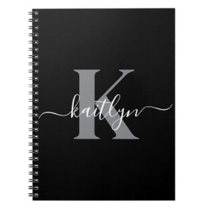 Modern Black Grey Script Monogram Notebook