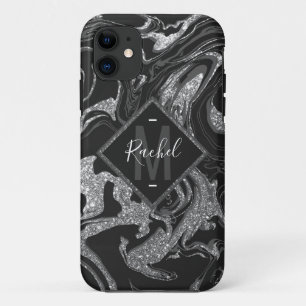 Modern Black Grey Silver Glitter Marble iPhone 11 Case