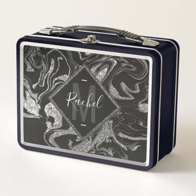 Modern Black Grey Silver Glitter Marble Metal Lunch Box (Front)