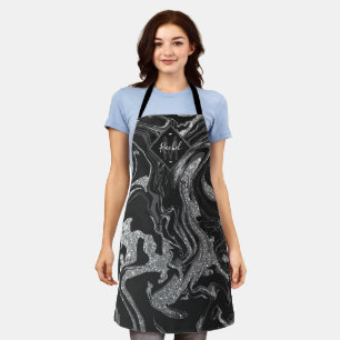Modern Black Grey Silver Glitter Marble Monogram Apron