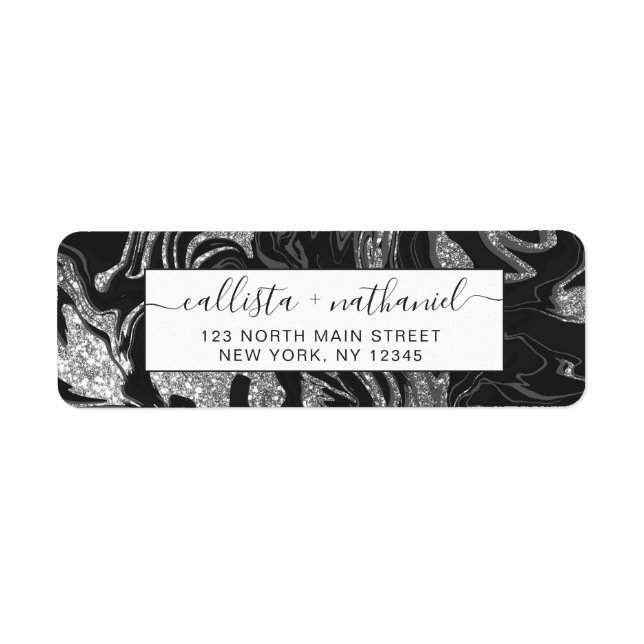Modern Black Grey Silver Glitter Marble Return Address Label (Front)