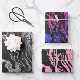 Modern Black Grey Silver Glitter Marble Wrapping Paper Sheet