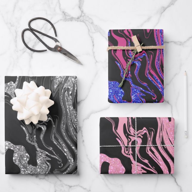 Modern Black Grey Silver Glitter Marble Wrapping Paper Sheet (Front)