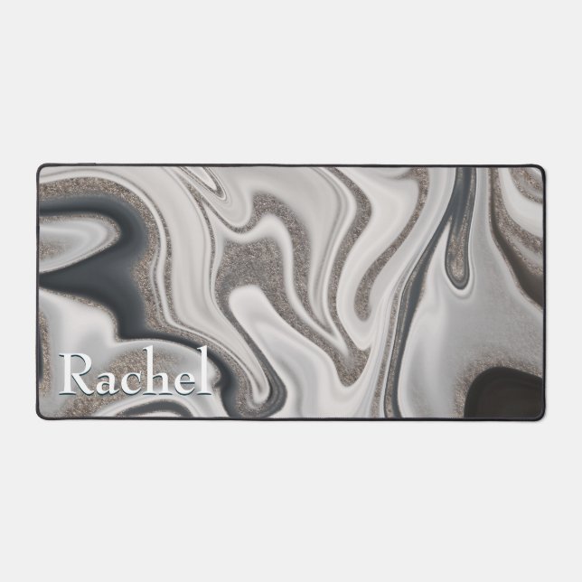 Modern Black Grey & Silver Marble Swirl Monogram Desk Mat (Front)
