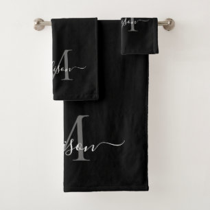 Modern Black Grey Silver Monogram Script Name Bath Towel Set
