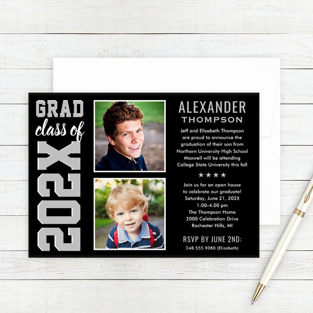 Modern Black Grey Two Photo Graduation Party Invitation (Creator Uploaded)