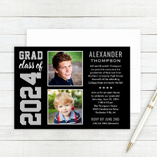 Modern Black Grey Two Photo Graduation Party Invitation