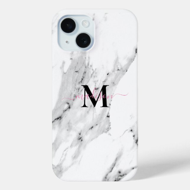 Modern black grey white marble pattern monogram Case-Mate iPhone case (Back)