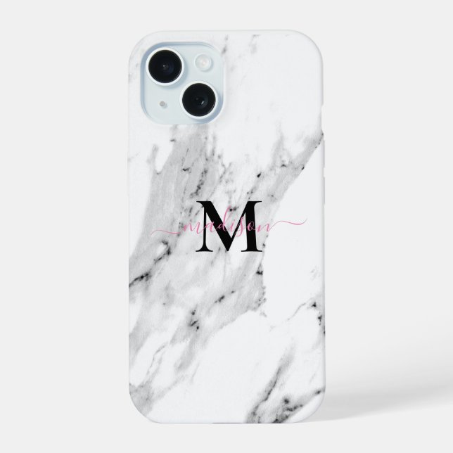 Modern black grey white marble pattern monogram iPhone 15 case (Back)