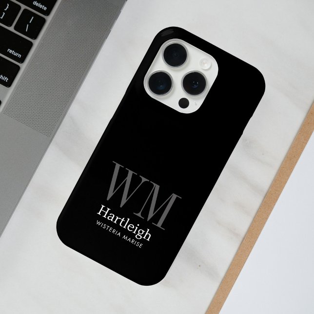 Modern Black Grey White Monogram Name Case-Mate iPhone Case (Creator Uploaded)