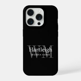 Modern Black Grey White Monogram Name iPhone 15 Pro Case