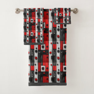 Modern Black Grey White Red Geometric Pattern Bath Towel Set