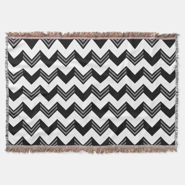 Modern Black, Grey, White Zigzag Chevron Pattern Throw Blanket (Front)